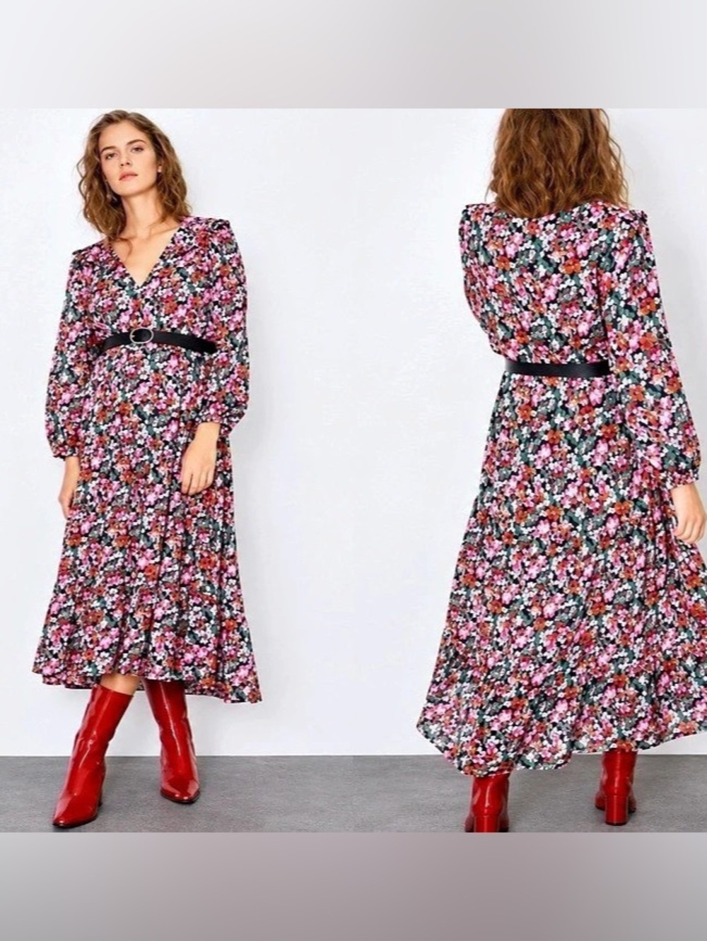 ZARA THE ROSSIE DRESS Floral Midi Dress in Pink & Black NWT